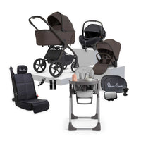 Silver Cross Cove 2 Chocolate travel system and baby bundle featuring pram, Buffet highchair, Maxi Cosi car capsule and accessories.