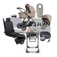 Silver Cross Reef 2 SE Frappe travel system bundle featuring pram, matching accessories and highchair.