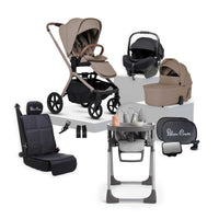 Silver Cross Breez Champagne travel system and baby bundle featuring pram, Buffet highchair, Maxi Cosi car capsule and accessories.