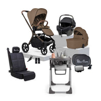 Silver Cross Breez Maple travel system and baby bundle featuring pram, Buffet highchair, Maxi Cosi car capsule and accessories.