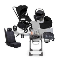 Silver Cross Breez Onyx travel system and baby bundle featuring pram, Buffet highchair, Maxi Cosi car capsule and accessories.