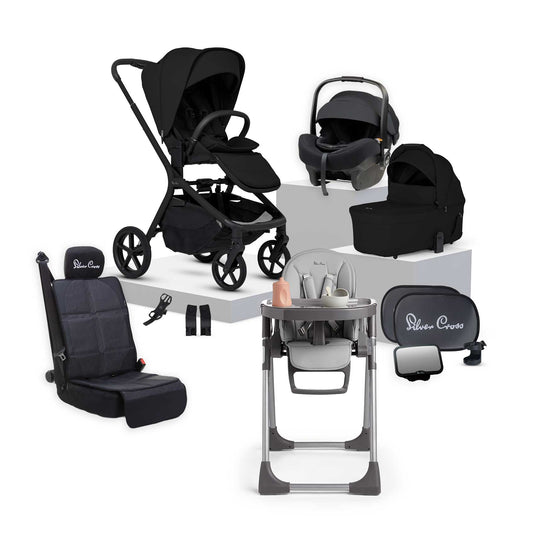 Silver Cross Breez Onyx travel system and baby bundle featuring pram, Buffet highchair, Maxi Cosi car capsule and accessories.