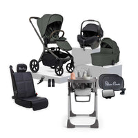 Silver Cross Breez Pewter travel system and baby bundle featuring pram, Buffet highchair, Maxi Cosi car capsule and accessories.