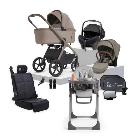 Silver Cross Cove 2 Champagne travel system and baby bundle featuring pram, Buffet highchair, Maxi Cosi car capsule and accessories.