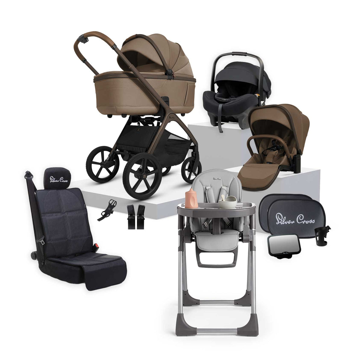 Silver Cross Cove 2 Maple travel system and baby bundle featuring pram, Buffet highchair, Maxi Cosi car capsule and accessories.