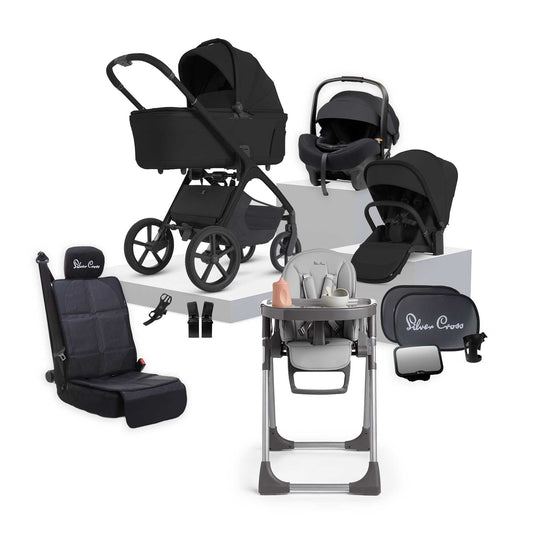Silver Cross Cove 2 Onyx travel system and baby bundle featuring pram, Buffet highchair, Maxi Cosi car capsule and accessories.