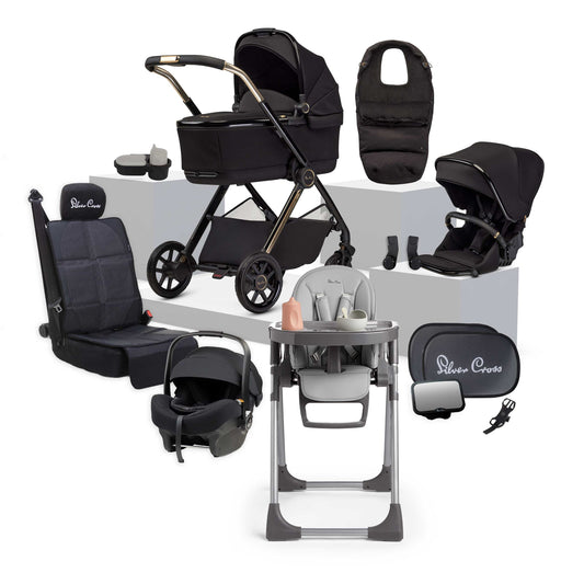 Silver Cross Reef 2 SE Espresso travel system bundle featuring pram, matching accessories and highchair.