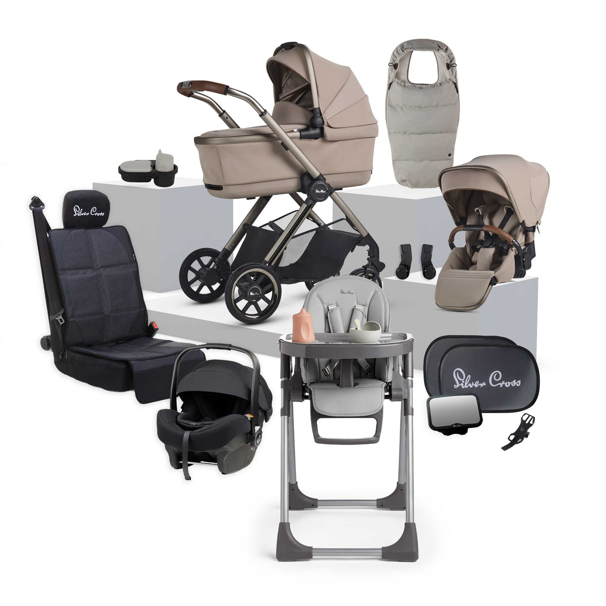 Silver Cross Reef 2 SE Frappe travel system bundle featuring pram, matching accessories and highchair.