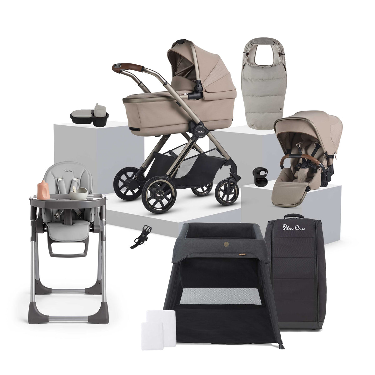 Silver Cross Reef 2 Special Edition Frappe ultimate baby bundle with pram, carrycot, highchair, travel cot and accessories