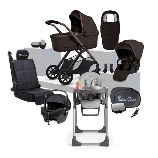 Silver Cross Reef 2 SE Ganache travel system bundle featuring pram, matching accessories and highchair.