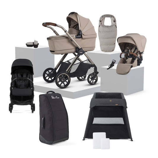 Reef 2 Special Edition Frappe travel bundle featuring Reef pram, Slumber Cot, Jet stroller and pram accessories.