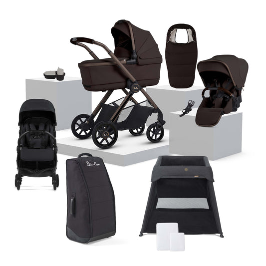Reef 2 Special Edition Ganache travel bundle featuring Reef pram, Slumber Cot, Jet stroller and pram accessories.