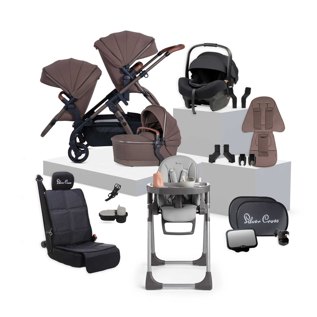 Silver Cross Wave 3 Caramel travel system bundle featuring pram, matching accessories and highchair.