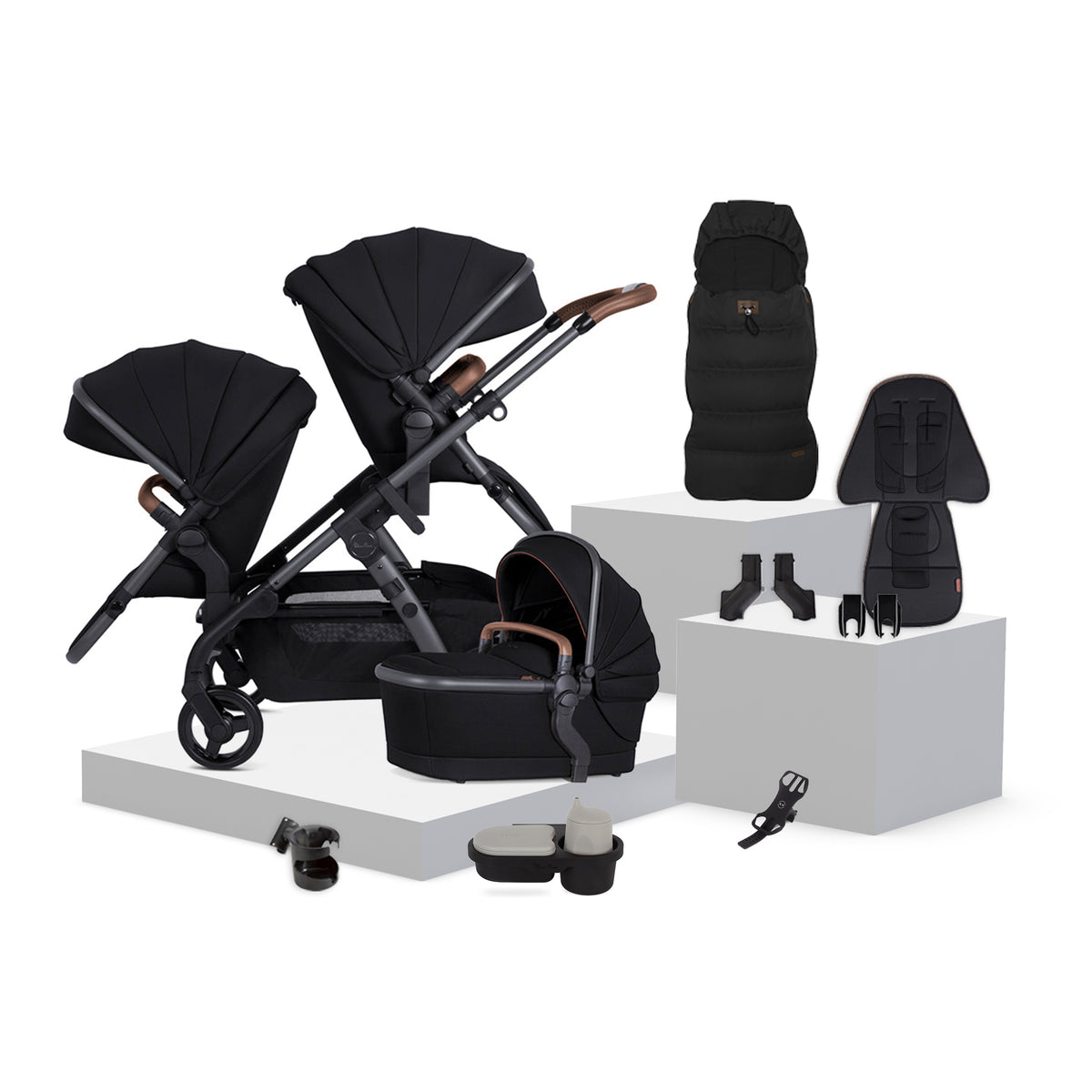 Silver Cross Wave 3 Licorice single-to-double pram bundle with carrycot, two seats and accessories