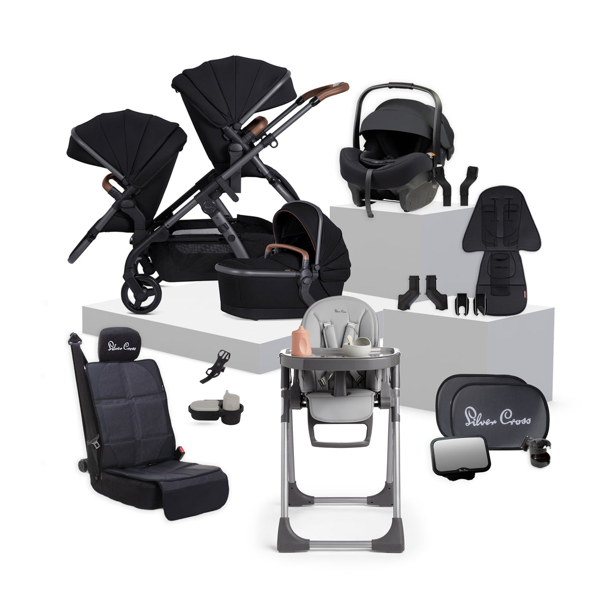 Silver Cross Wave 3 Licorice travel system bundle featuring pram, matching accessories and highchair.
